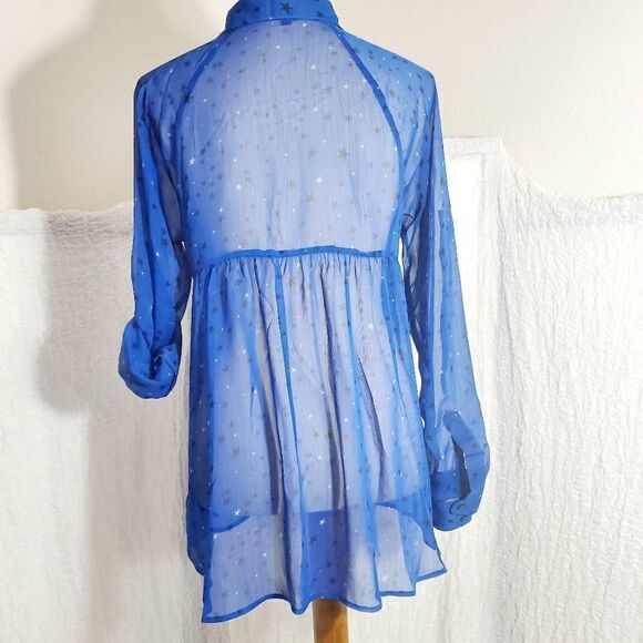Express Blue Star Print Sheer Blouse Size Small - Picture 4 of 8